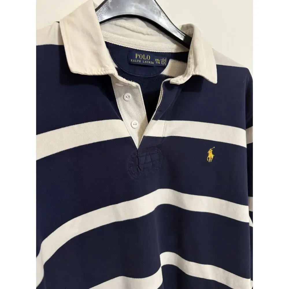 Polo Ralph Lauren Rugby Shirt Mens XXL Navy White Stripe Brushed Fleece Cotton